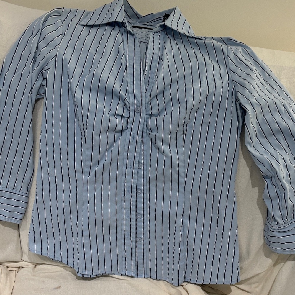 New York & Company Blue Striped Button Down Shirt